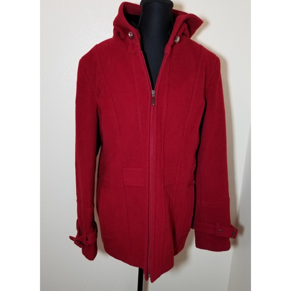 St Johns Bay Womens L Red Wool Cashmere Blend Hooded Jacket Minimalist Coastal